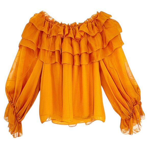 Alice + Olivia Silk Blouse Gold Off-Shoulder Ruffle XS - Picture 6 of 10